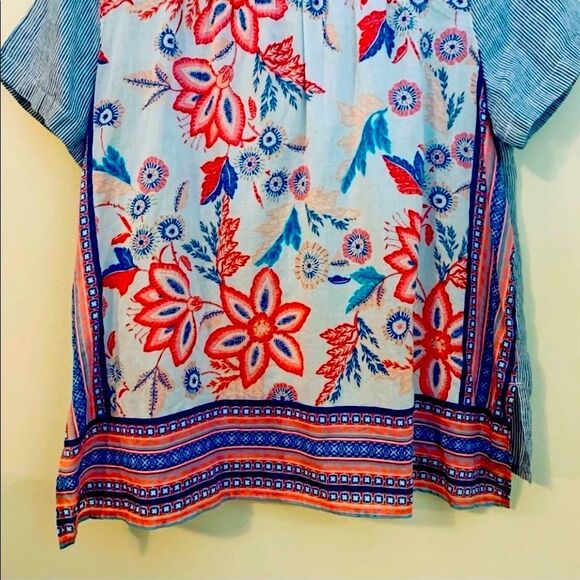 J. Jill Linen Blue & White Stripe Button Down Shirt W/ Sheer Floral Print Back - Picture 11 of 16